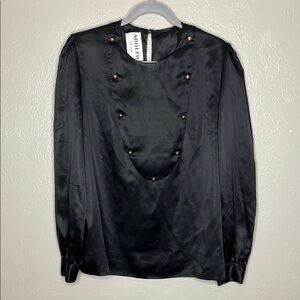 True Vintage 70s Adolfo Silk Satin Top with Gold Buttons Elegant Classic Chic